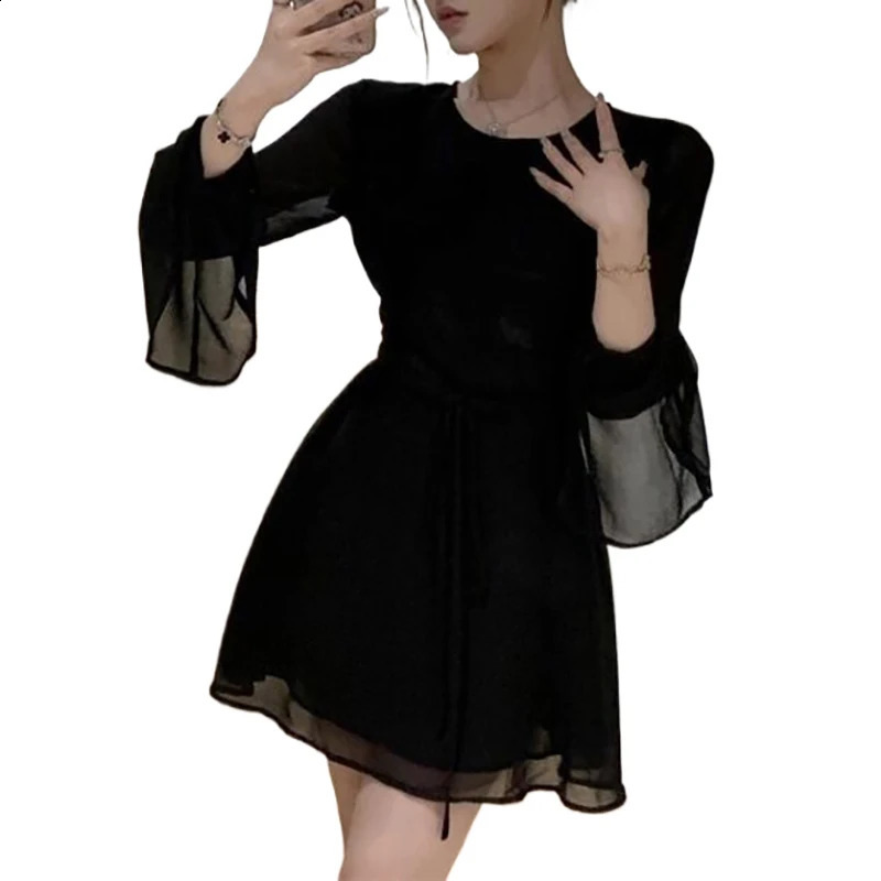 Backless Black Dress Women Elegant Back Hollow Out Lace-up Long Sleeve Mesh Patchwork Sexy Slim Ruffle Mini Dress Party 240823
