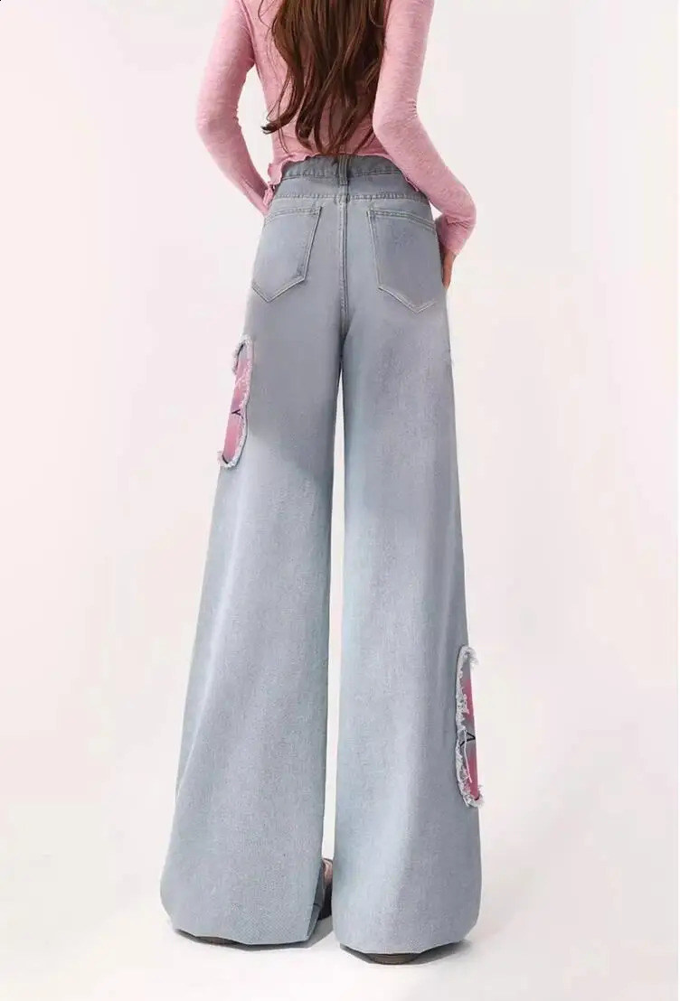 Womens light blue butterfly jeans Harajuku Y2k Japanese 2000s style bagged denim Trouser retro garbage oversized 240823