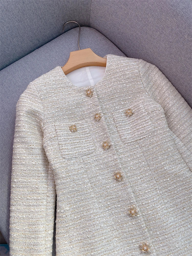 Autumn Women Tweed Ruffles Mini Dress Pearl Rhinestone Buttons Round Neck Female Elegant Long Sleeve Robes 240824