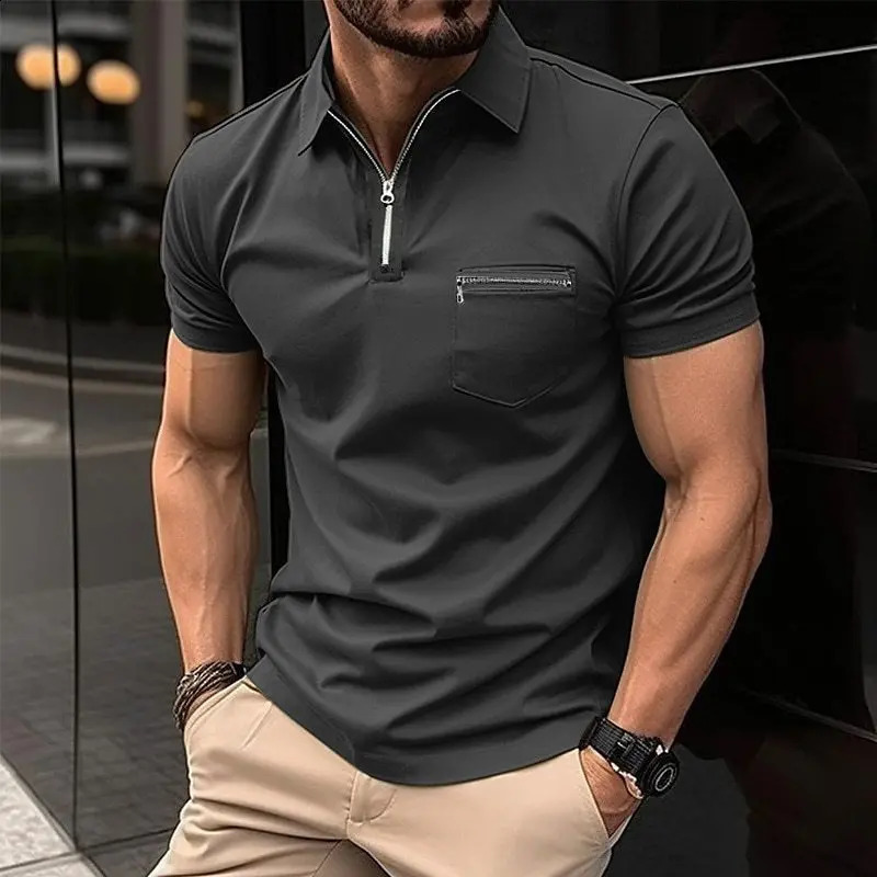 summer fashion slim mens top POLO shirt trend solid color zipper pocket mens sports polo shirt 240814