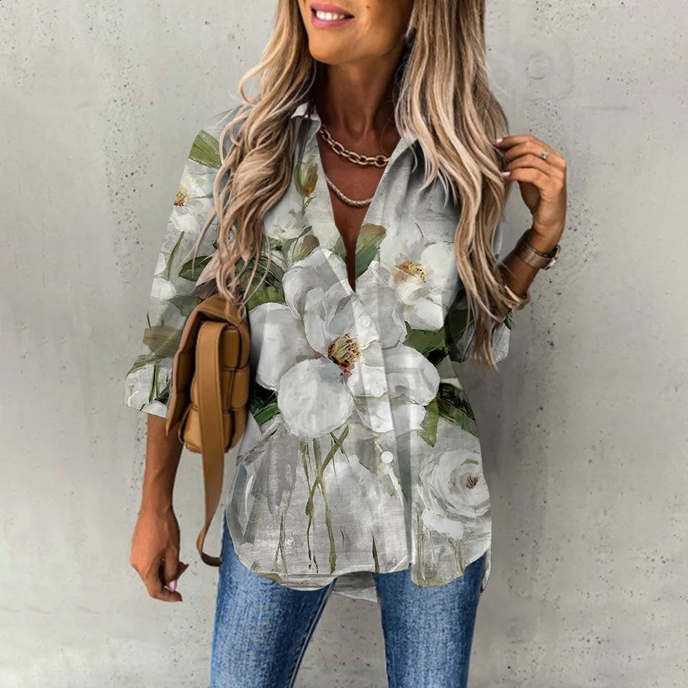 Elegant Womens Blouse Oil Painting Floral Printing Long Sleeves Trendy Lapel Button Up Shirts Blusa Mujer Office Daily Tops 240823