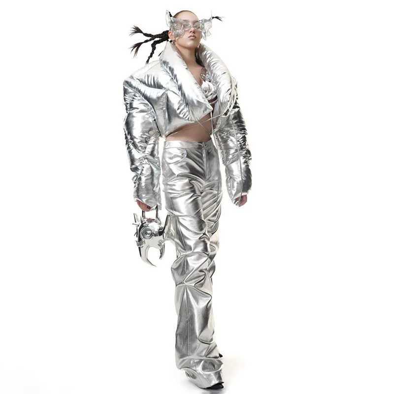 Women's Down Parkas Shiny Silver Leather Puffer Jacket Women Winter Thick High Waist Bandage Bubble Coats Metallic Silver Cardigan Puff Parka Jac