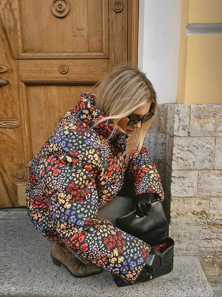 Women's Down Parkas Floral print thick womens cotton coat long Sleve zipper pocket flip cover womens jacket 2023 winter casual warm womens jacket