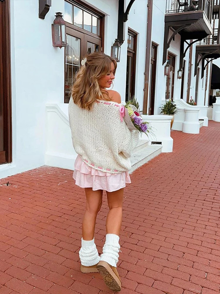 Casual Skew Neck Knit Pullover Women Loose Lace Up Sweater Female Autumn Off Shoulder Patchwork Long Sleeves Top Lady 240824