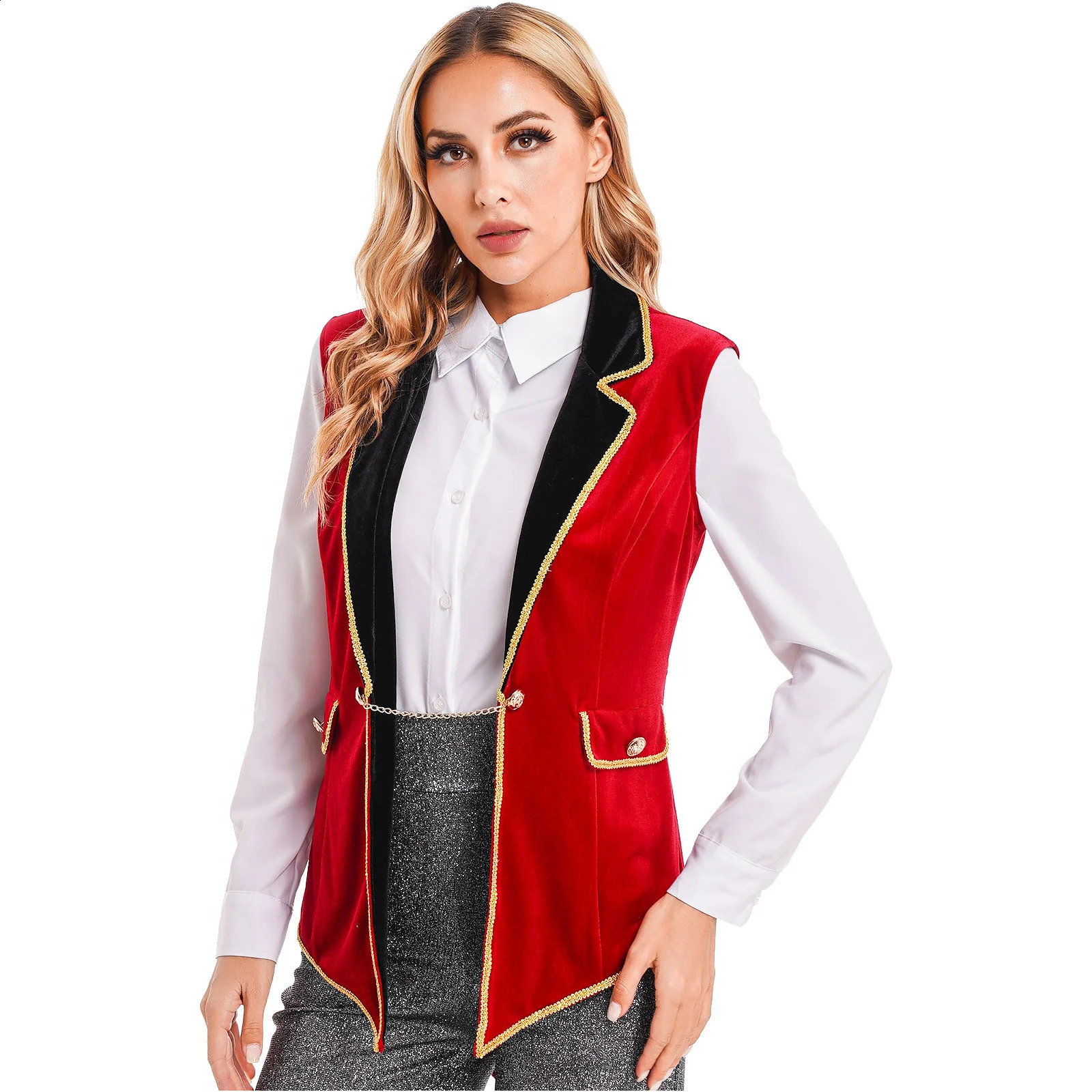 Womens Halloween Circus Ringmaster Tail Coat Carnival Theme Party Performer Role Playing Costume Sleeveless Collar Velvet Jacket 240823