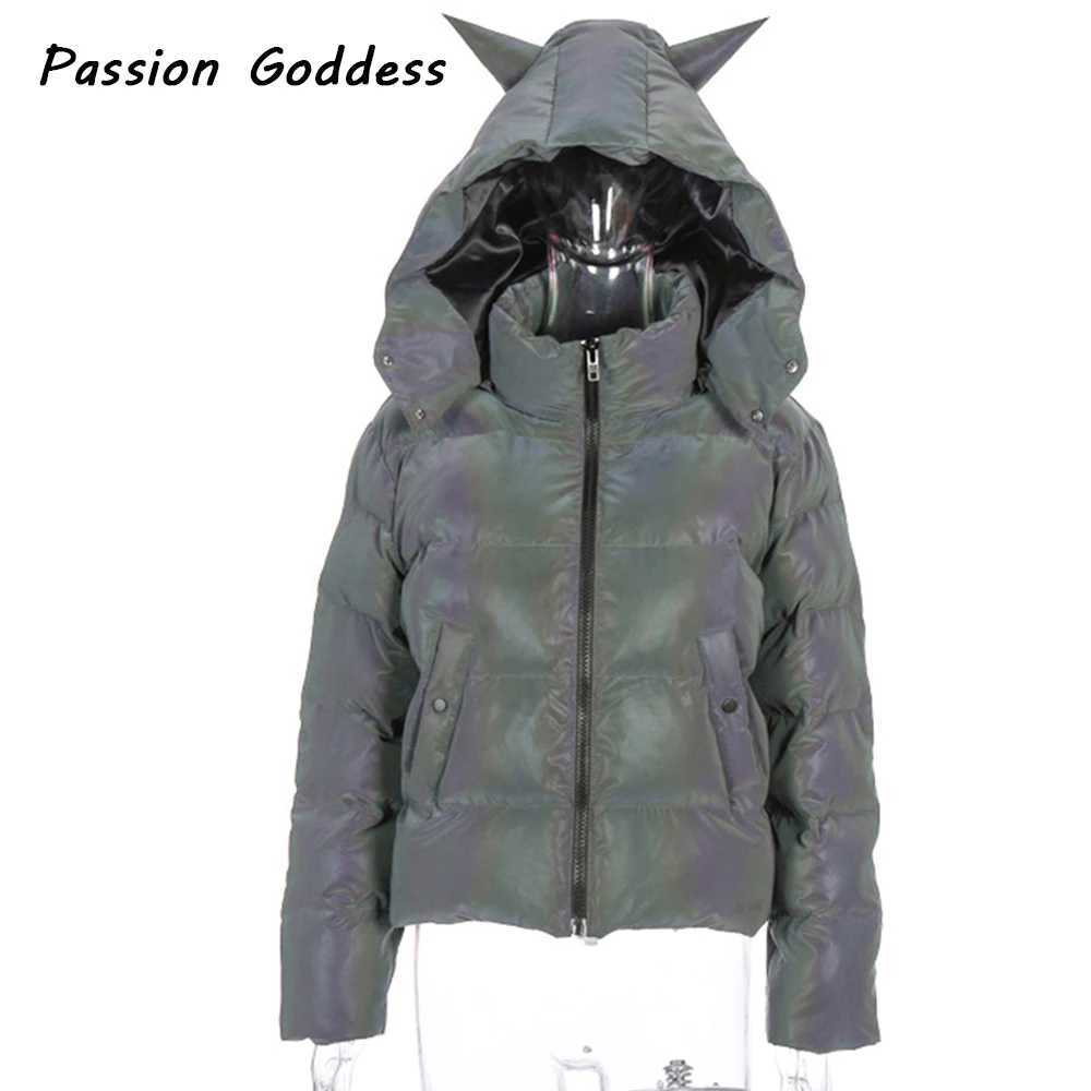 Women's Down Parkas Winter Women Rainbow Reflective Horn Hooded Parkas Down Bubble Coat Puffer Jacket Bling Luminous Cute Hooded Down Jacket Outc