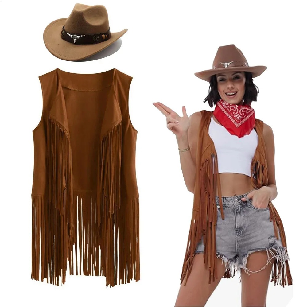 Retro hippie Western Cowboy Girl Role Playing Costume Womens Tassel Edge Vest Hat Set 60s 70s Theme Party w240824