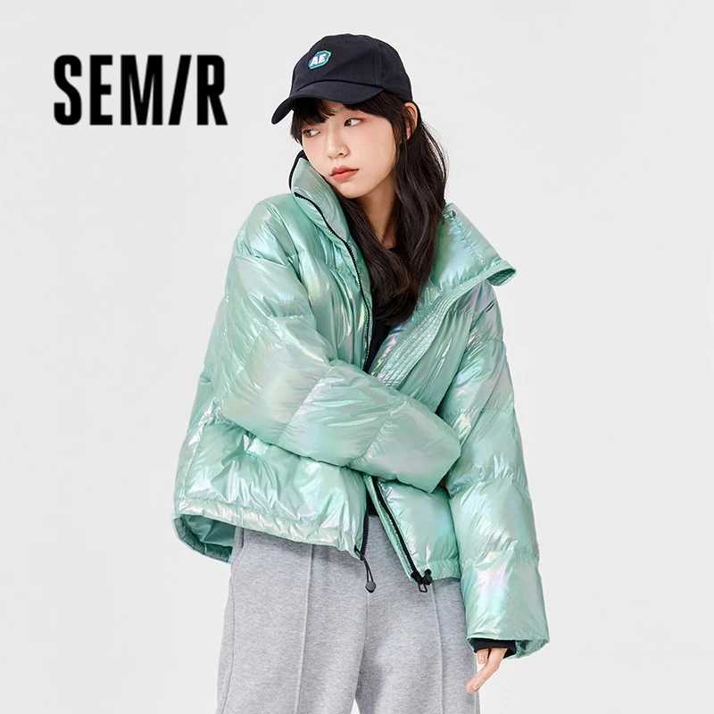 Women's Down Parkas Semir Down Jacket Women White Duck Down Colorful 2023 Winter New Contrasted Color Stand Collar Loose All-Match Bread Jacket Y