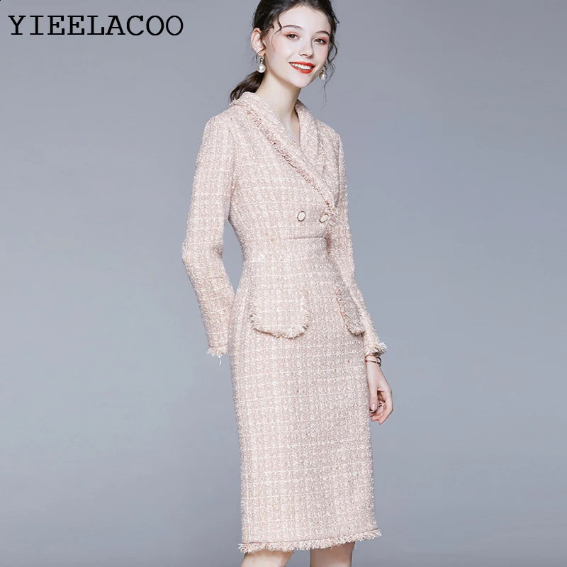 Pink tweed dress spring / autumn womens dress tassel Long sleeved ladies slim bottoming dress one-piece 240824