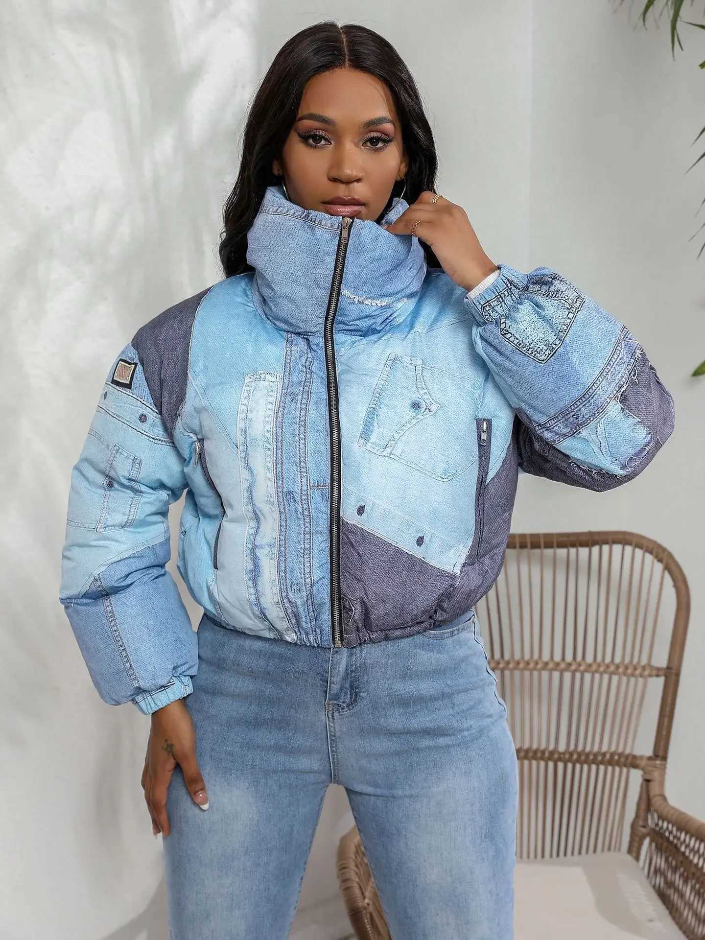 Women's Down Parkas 2023 Autumn/Winter Fashion Womens Jacket Denim Printed Cotton Parkes Jacket Winter Coat Womens BF Strtwear Warm Parkes Y24082