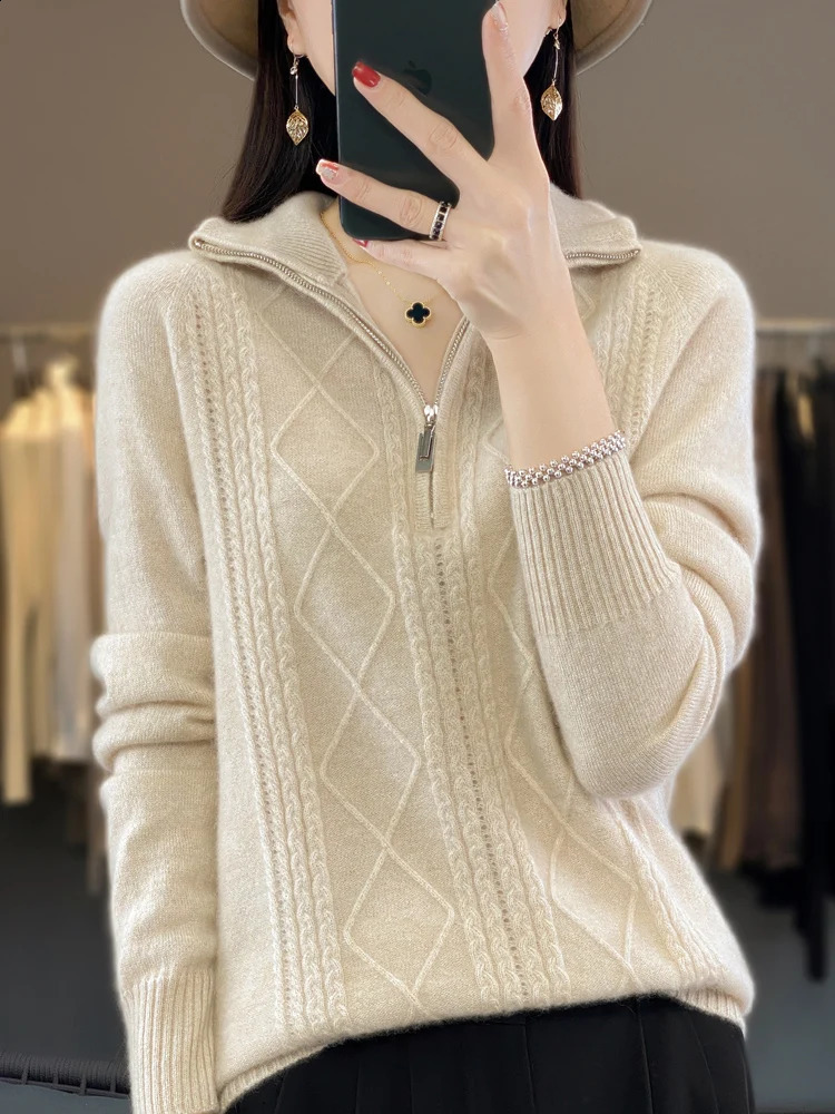 Autumn Winter Women Zipper Pullover Cable Knit Turn Down Collar Cashmere Sweater Casual Style 100% Merino Wool Knitwear 240824