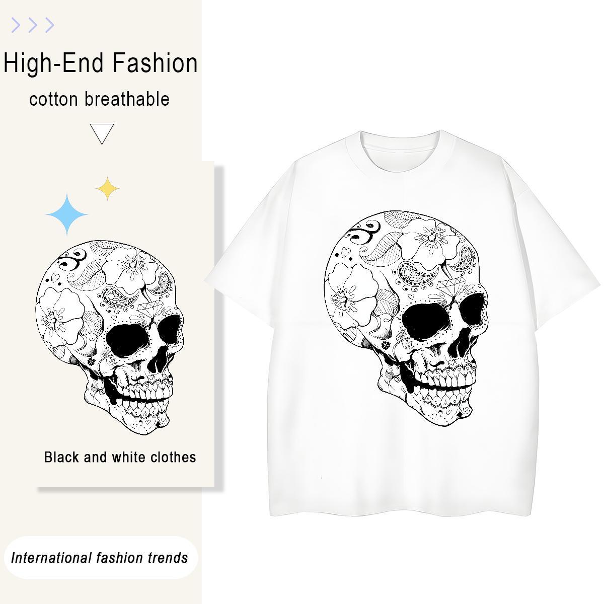 Popular Men T Shirts 230g Pure Cotton skull Sports Casual Custom Cartoon O Neck Short Sleeves Tshirt for Man Woman New Designer Tops Tees