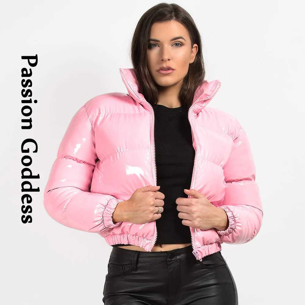 Women's Down Parkas Winter Women Shiny PU Leather Puffer Jackets Warm Thick Bubble Coat Cute Parkas Down Zipper Loose Puffly Cropped Jacket XXL Y
