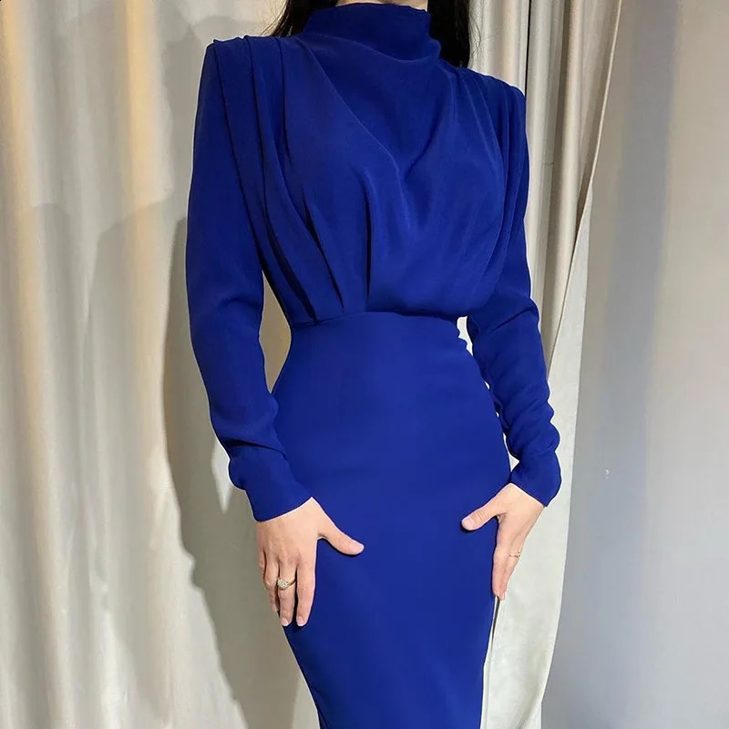 Autumn Solid Bodycon Midi Dress Turtleneck Long Sleeve Slim Office Lady Sexy Office Lady Blue Party Dresses For Women Work 240823