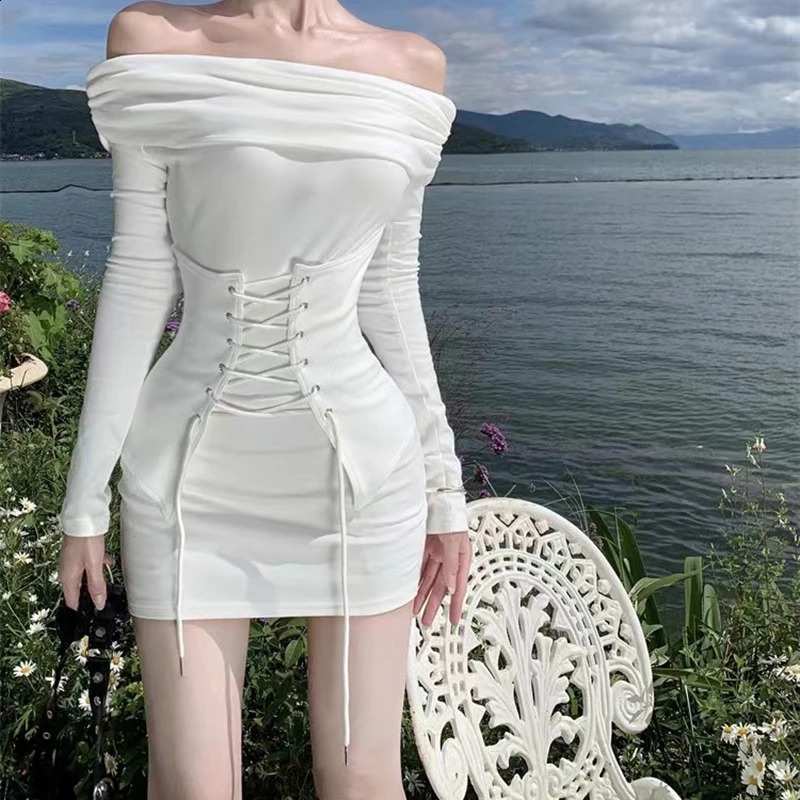 Womens Clothing Fall Off Shoulder Long Sleeve Strap Short Spice Club Party Dress White Color 240823
