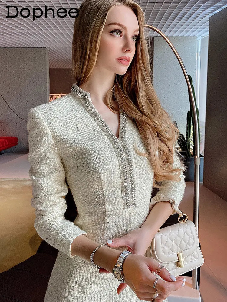 High-End Custom Tweed Dress for Women Drilling Sequined V-neck Long Sleeve Woolen Dress Banquet Party Autumn Winter Vestidos 240824