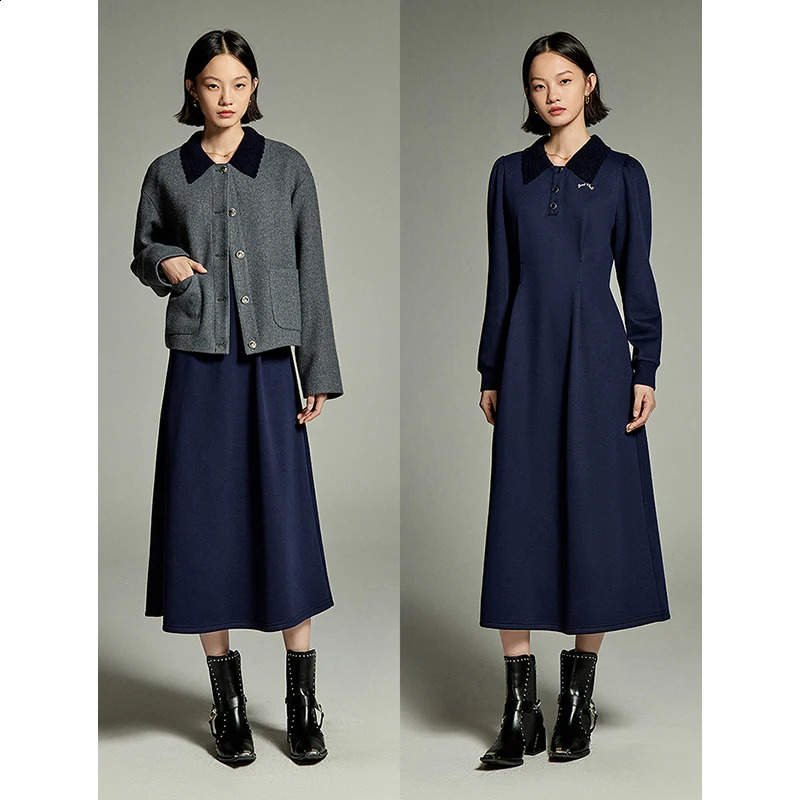 Toyouth Women Corduroy Plush Dress Winter Long Sleeve Polo Neck with Buttons A-shaped Slim Waist Retro Elegant Navy Skirt 240824