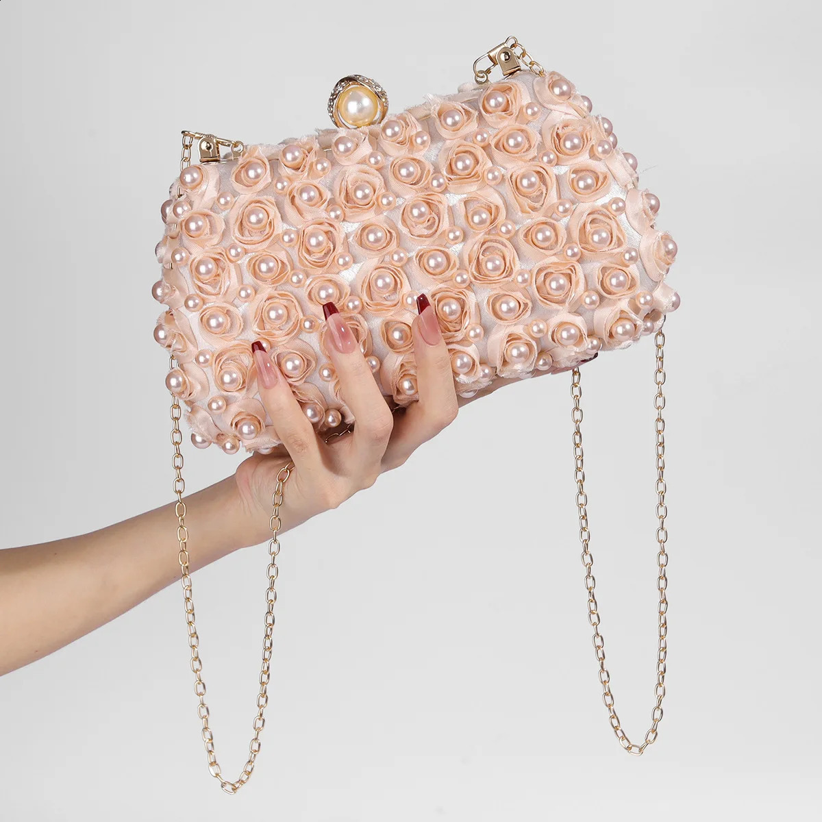 Fashion Champagne Pearl Rose flower Clutches Evening Bag For Women Chain Handbags Wedding Party Shoulder Bag Fine Trendy Clutch 240823