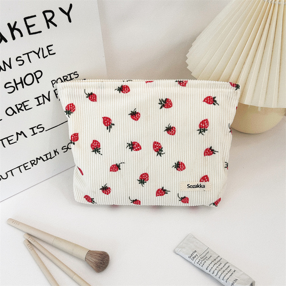 Fashionable corduroy strawberry printed large capacity casual shoulder bag