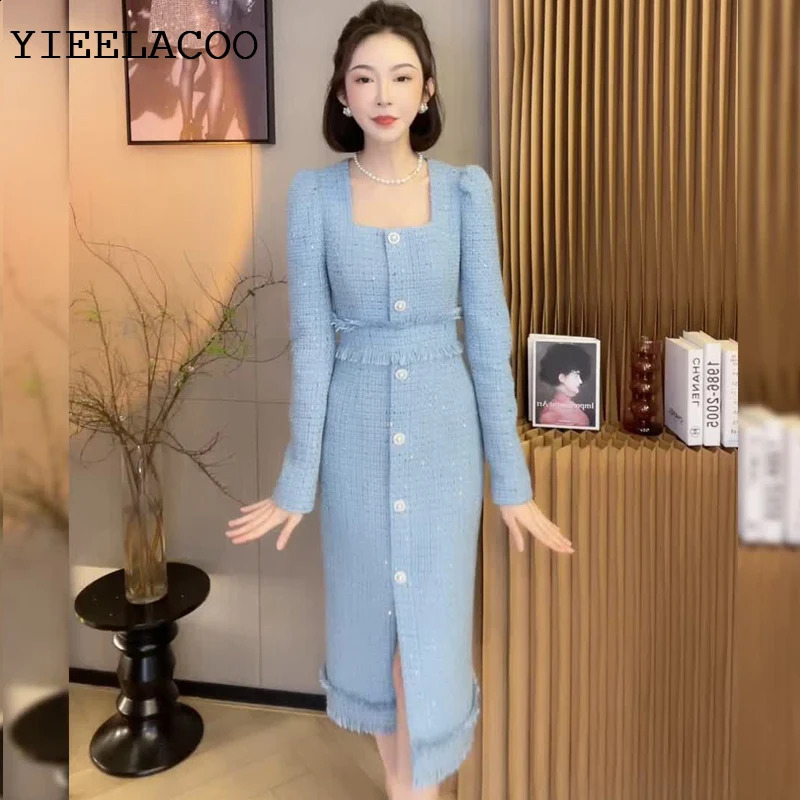 Blue tweed dress spring / autumn womens dress tassel Long sleeved ladies slim bottoming dress one-piece 240824