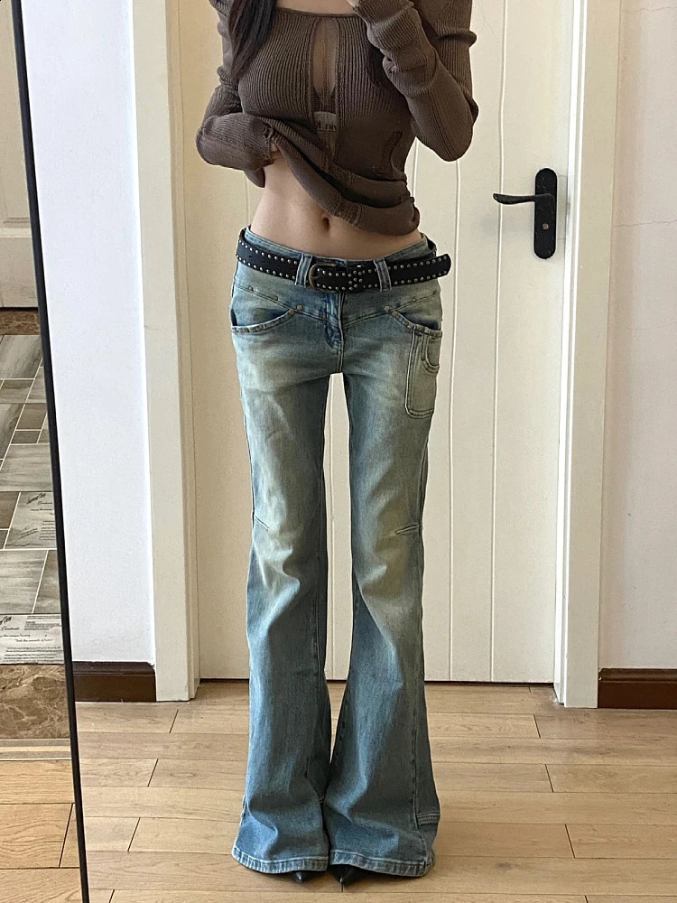 Womens Gyaru Japanese Harajuku Y2K Street Clothing Low end Flame Denim Pants Jeans 2000s Retro Clock Bottom Trouser Kpop Goth 240823