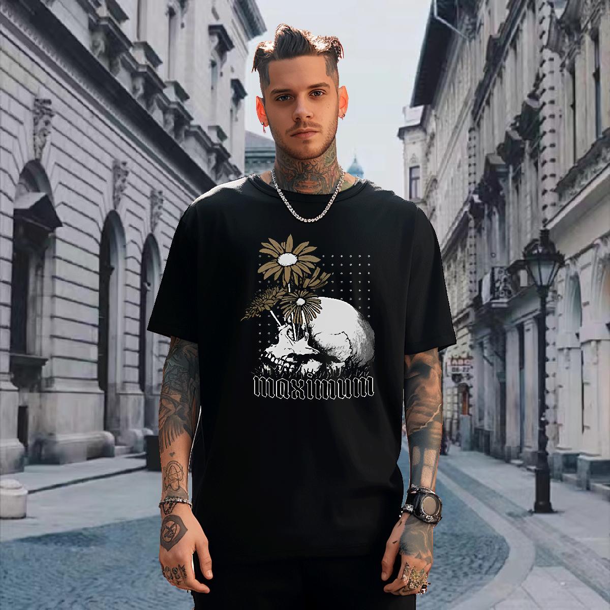 Popular Men T Shirts 230g 100% Cotton skull Street wear Hip Hop Graphic Breathable Short Sleeve Men Tshirts Fashion Designer Tops Shirt