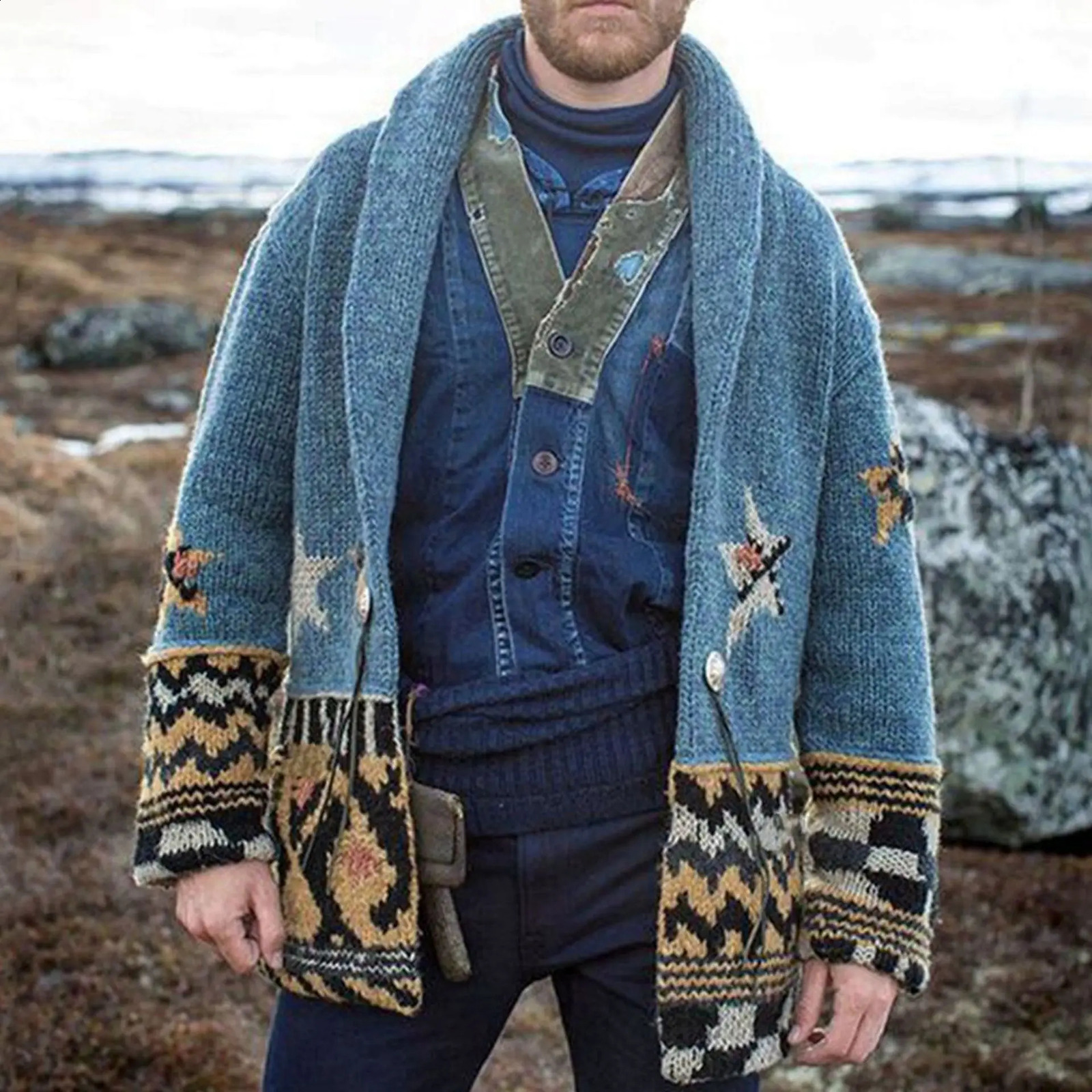 Mens casual sweater jacket autumn and winter jacquard knitted collar medium to long cardigan 240824