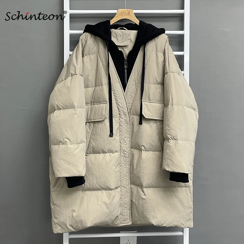 Schinteon womens white duck down jacket oversized autumn and winter warm casual with hood twopiece patch 240823