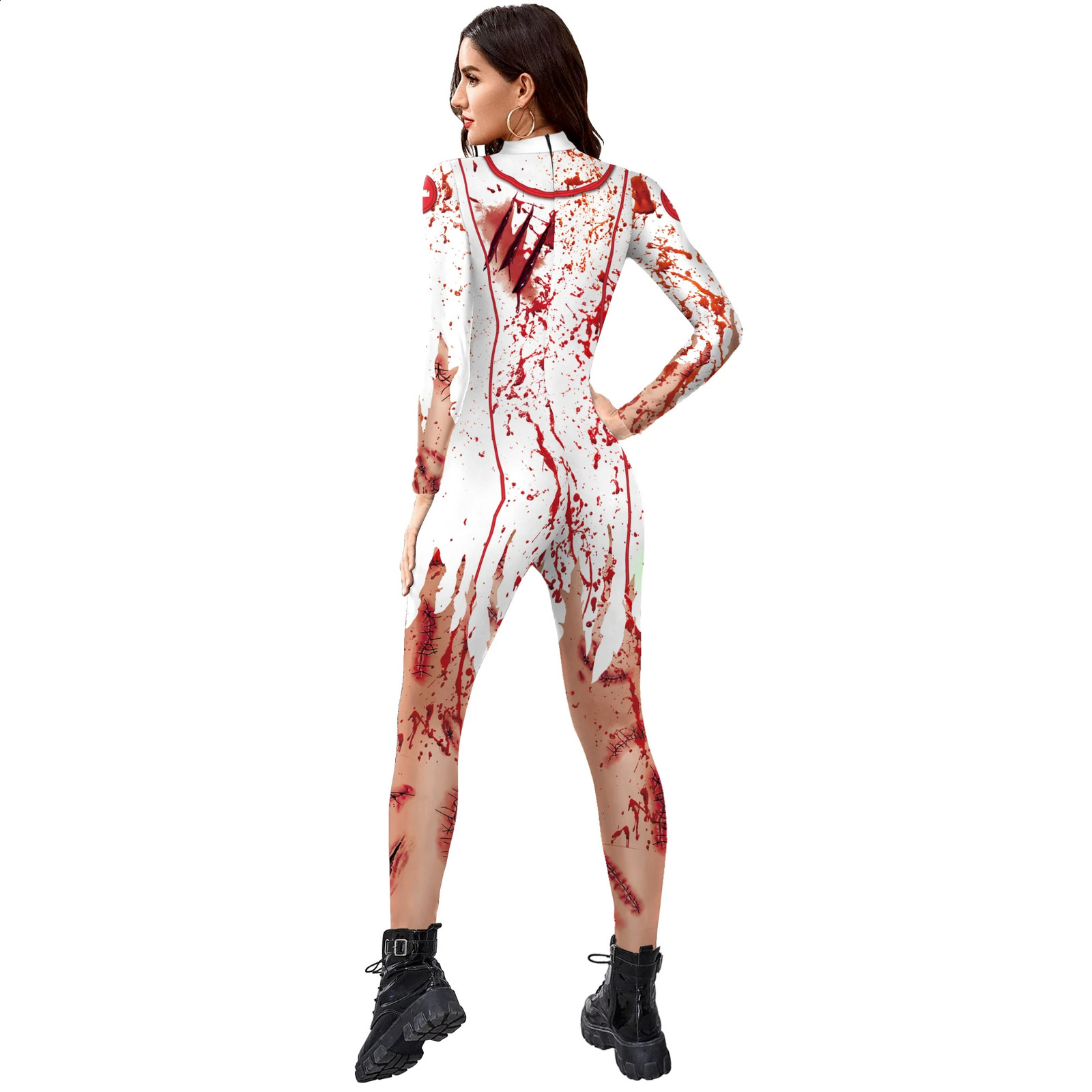 Halloween female cosplay terrifying blood scar printed nurse uniform sexy slim tight fitting Zenti party costume 240823