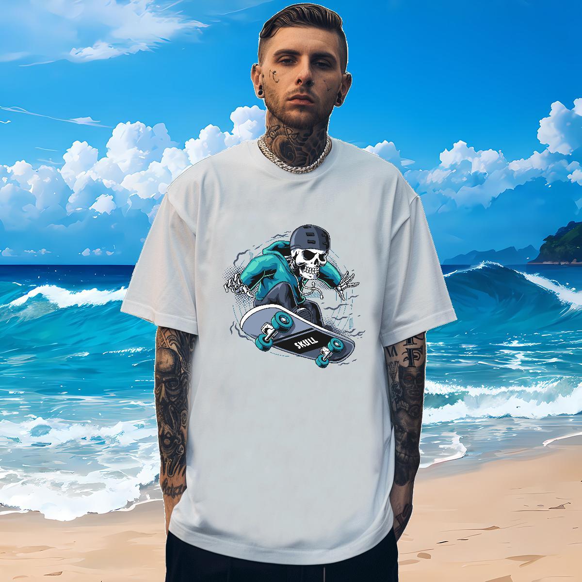 Cool Men T Shirts 230g Cotton skull Hip Hop Street Floral Print Breathable Crew Neck Men Tshirts Brand Polos