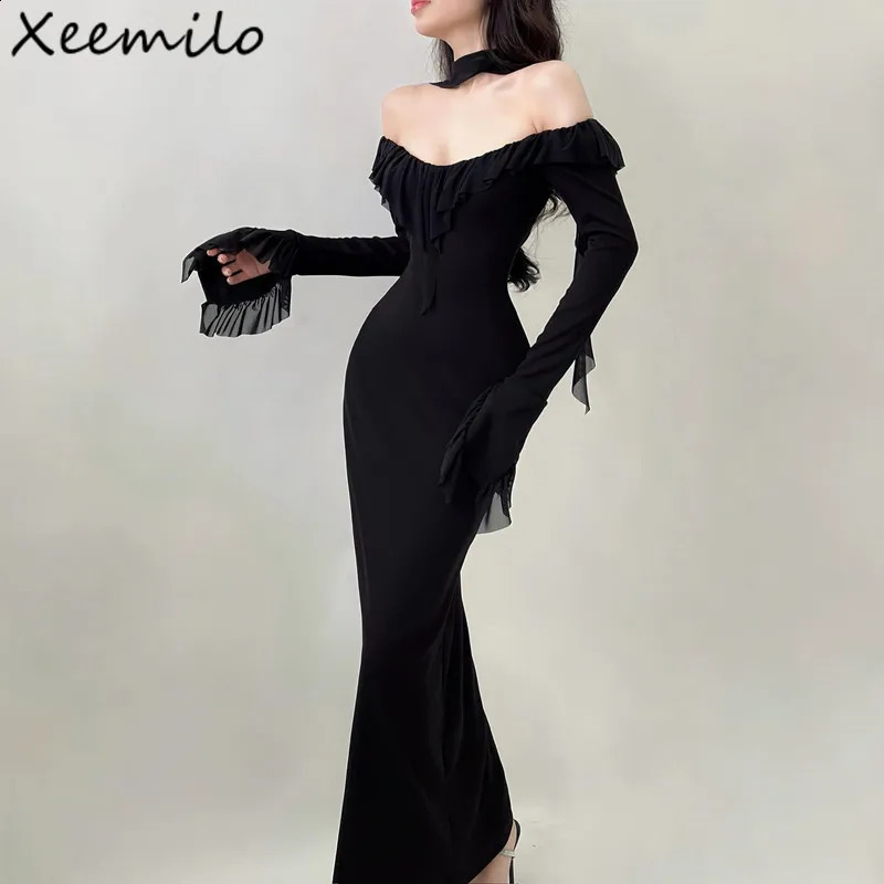 Xeemilo Black Mesh Ruffles Evening Dress Temperament Round Collar Slim Long Sleeve Maxi Dresses Women Elegant Party Club Robe 240823