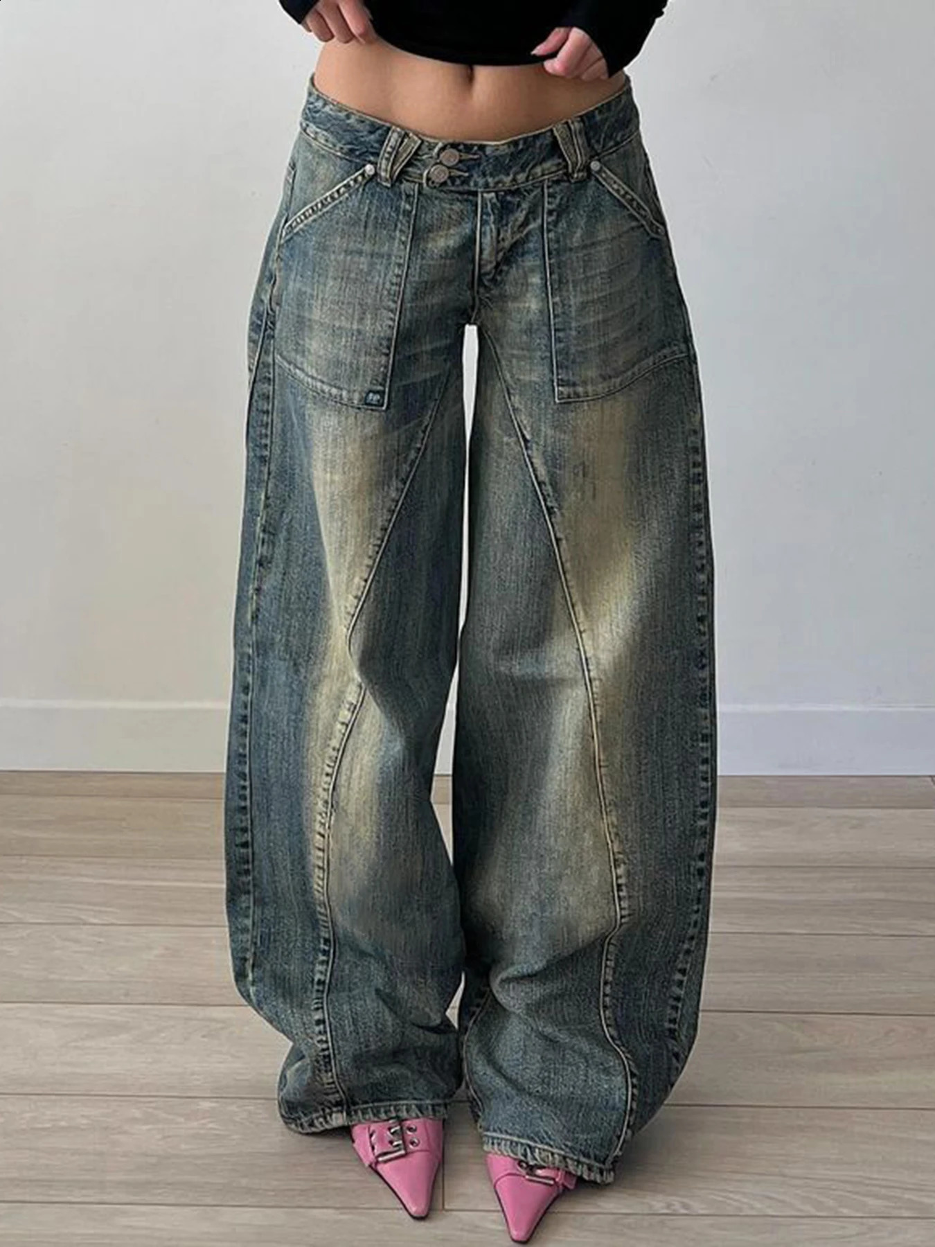 Weekeep retro street style oversized jeans Grunge 2000s low rise loose denim pants y2k fashion Korean mom women 240823