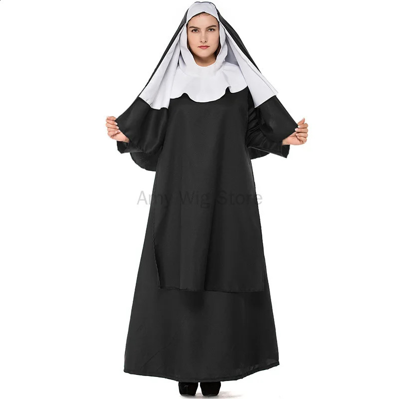 Halloween costume adult womens dress plus size nun black robe religious Catholic priest sisters role play party 240823