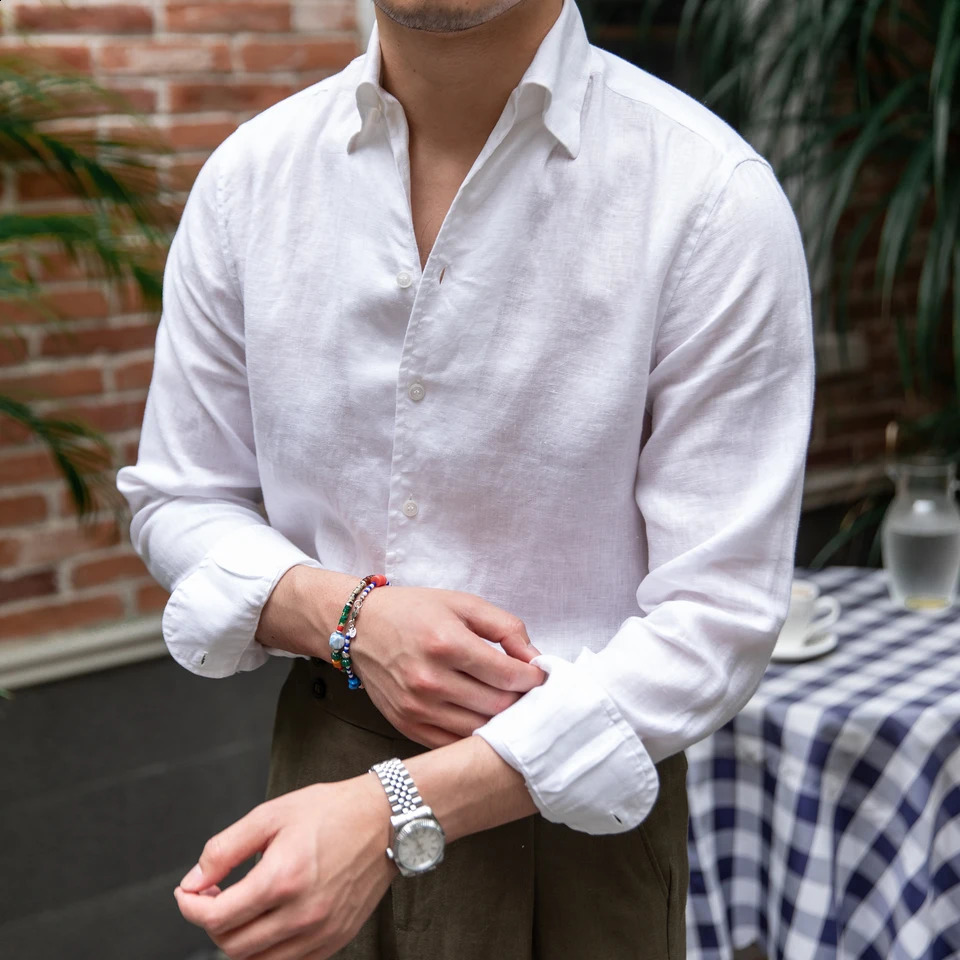 Italian mens summer 100% linen single neck long sleeved breathable casual thin shirt 240823