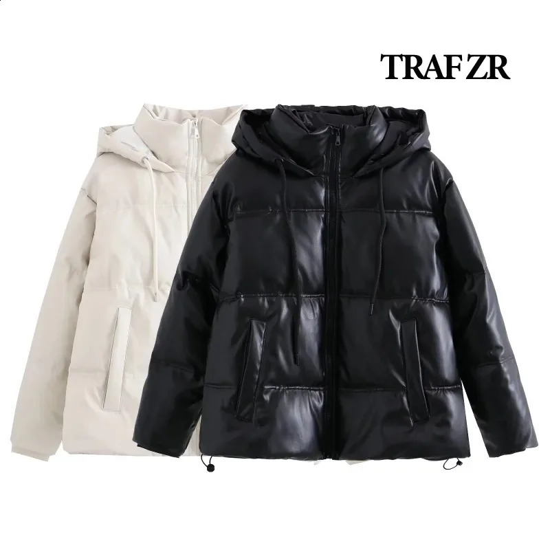 TRAF ZR Winter Womens Cold Jacket Warm Leather PU Parkas Promotion 240823
