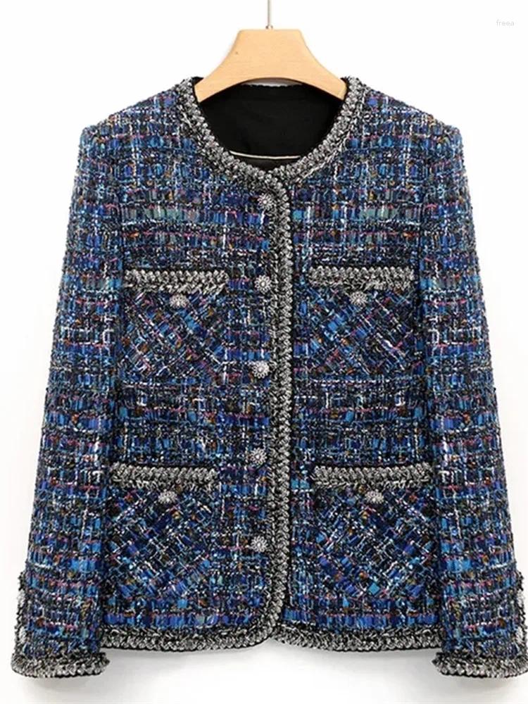 Women's Jackets Blue Tweed Jacket For Spring/autumn/winter Top Small Fragrant Style High-end Socialite Classic