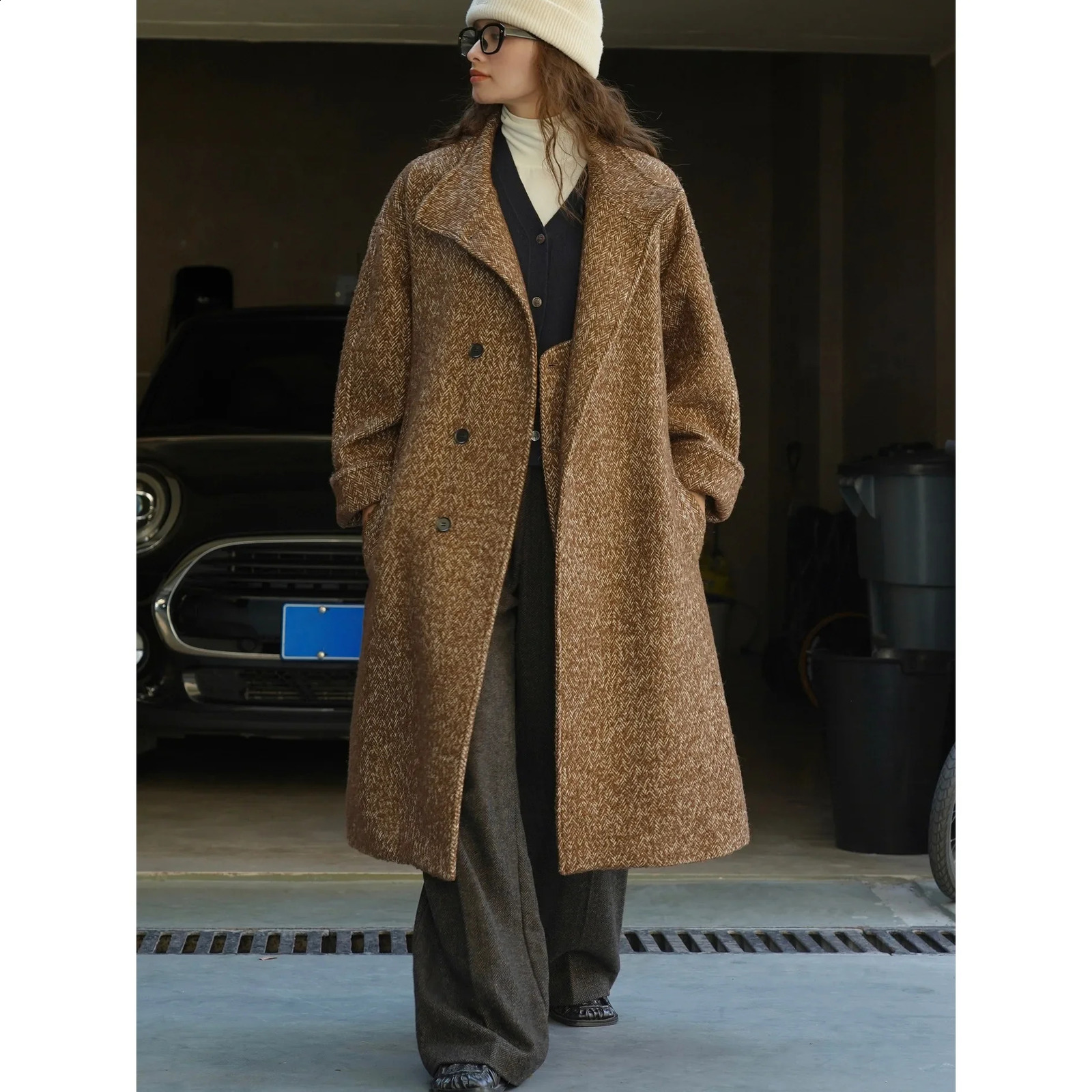 Lufou Winter Korean Vintage Chinese Horn Buttons Woolen Coat Loose Fit Slimming Thickened Jacket For Women 240823