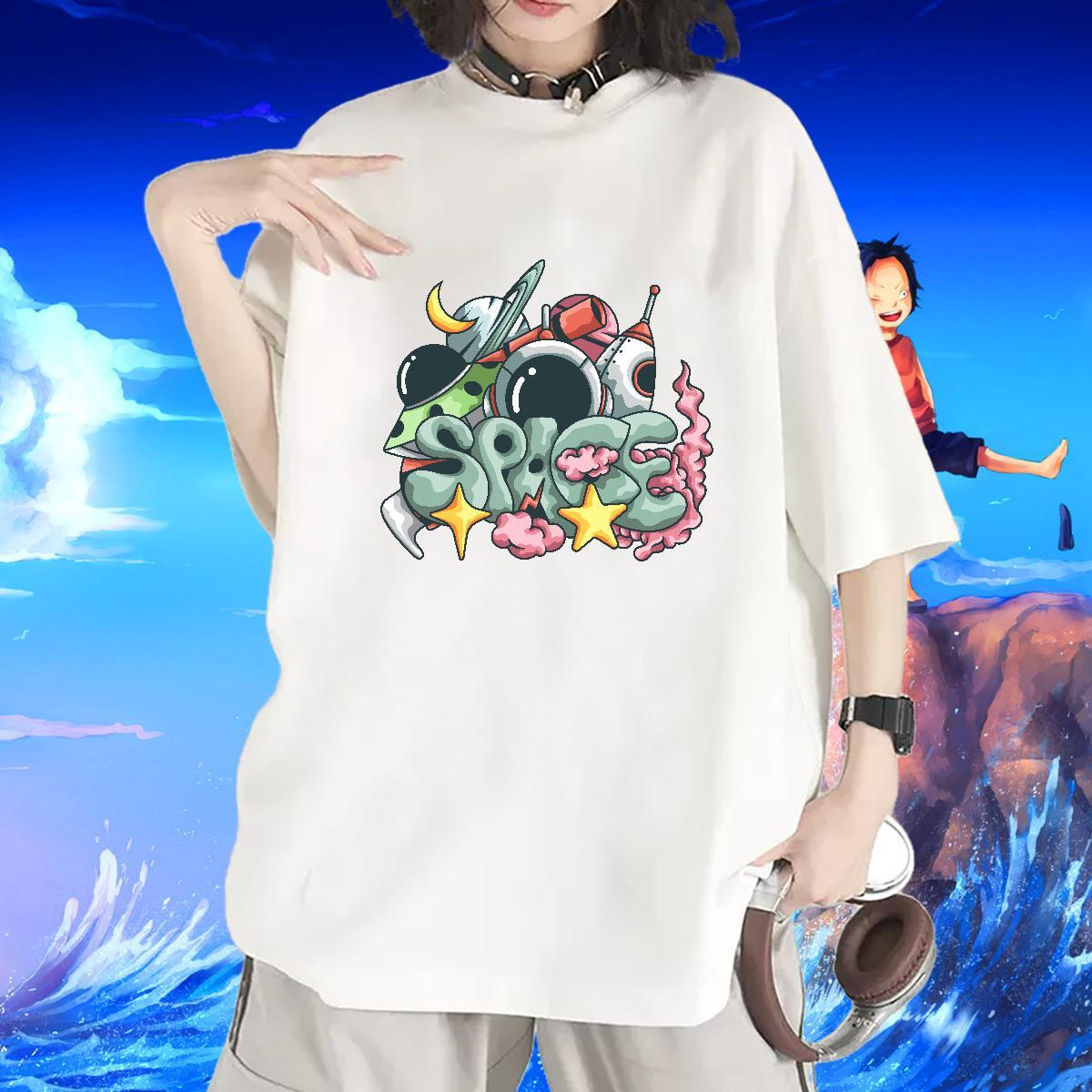 Soft Women Tshirts 230g Pure Cotton cosmonaut Summer Casual T Shirts Women Crew Neck Breathable Anime Tops Shirt