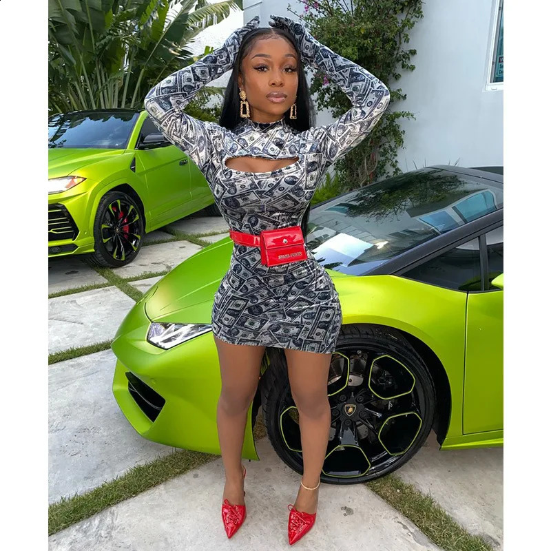 Sexy Women Dollar Printed Long Sleeve Mini Dress Stretch Tight Wrap Hip Dress Bodycon Party Clubwear NightClub Dress 240823