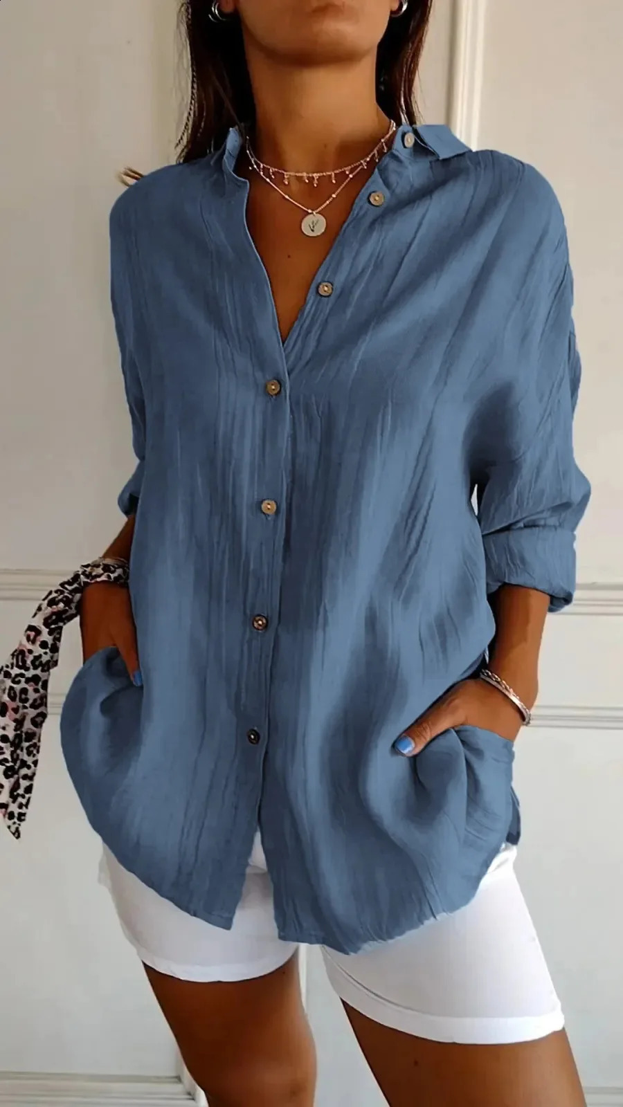 Autumn womens solid color shirt fashion item lapel single breasted pleated long sleeved comfortable casual shirt 240823