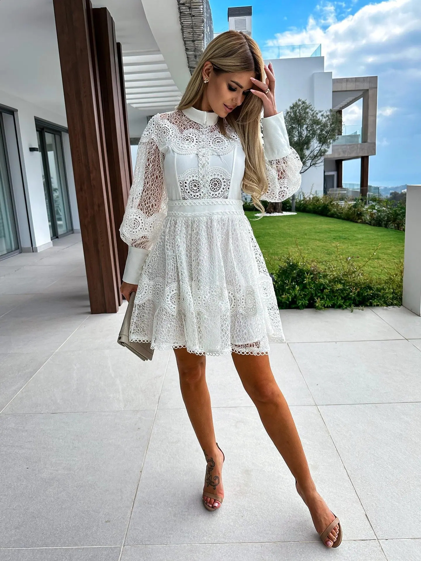 Emperament White Lace Ins Styles Dresses for Women Long Sleeve Sexy A-Line Womens Vestdos 240824