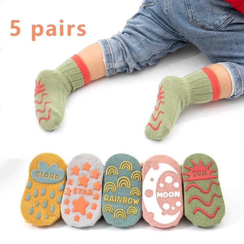 5 pairs of childrens socks solid color striped rubber anti slip newborn baby floor socks cotton girls baby socks CL240824