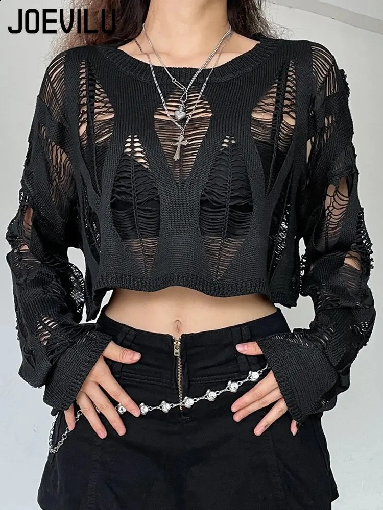 Perforated Hollow Out Knitted Blouse Sunscreen Long Sleeve Top Gothic Dark Black Sexy Thin Sweater Womens Summer Chic Crop Tops 240823