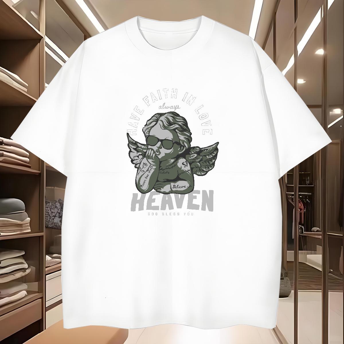 Cool Men T Shirts 230g Cotton angel Outdoor Cartoon Print Short Sleeve Soft Men Tops Tees DIY Polos
