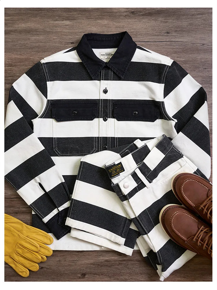Autumn American Retro 16oz Heavy duty Prisoner Striped Jacket Mens Fashion Pure Cotton Washed Thick Canvas Motorcycle 240823