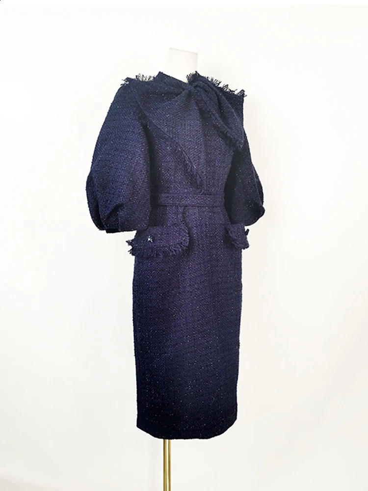 DEAT Womens Fashion Tweed Dress O-neck Short Puff Sleeve Burr Bow Belt Pocket Elegant Casual Dresses Winter 13DB3713 240824