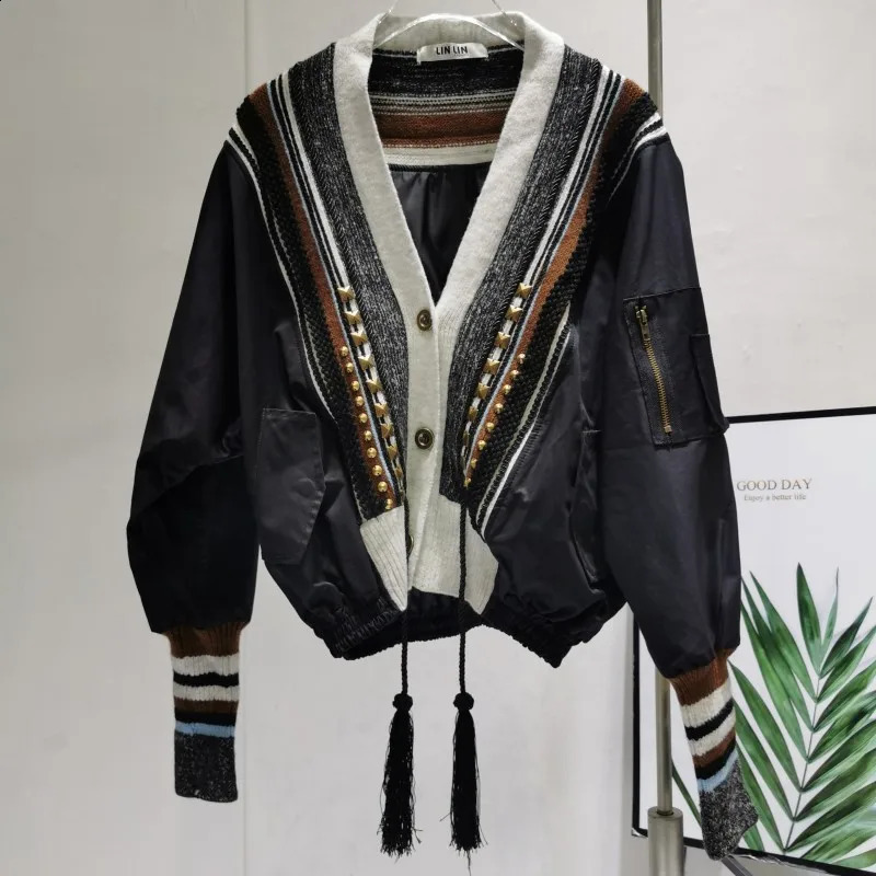 Korean Style Varsity Jacket Women 2024 Autumn Winter Fashion Patchwork Striped Knitted V-Neck Tassel Drawstring Coat Outwear 240823
