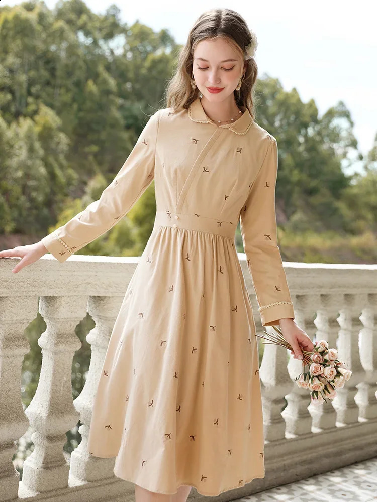 I BELIEVE YOU Cotton Womens Dresses French Embroidery Long Sleeve A-Line Winter Slim Temperament Dress 2234095346 240824