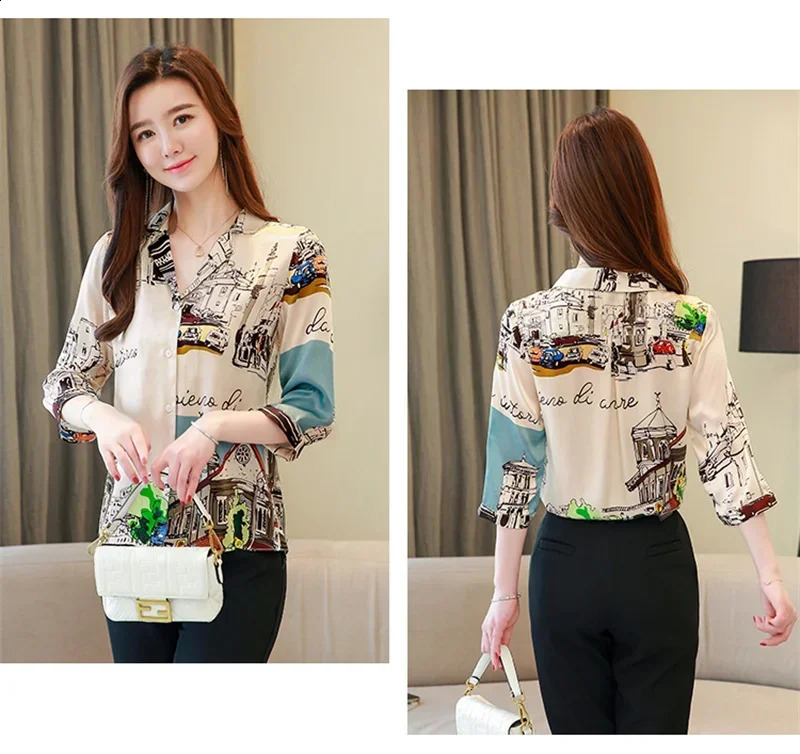 camisas e blusas ropa de mujer ofertas Summer Shirt Women tops Blouse 3/4 Long Sleeve Printing Flower V Neck Blouse Tops 240823