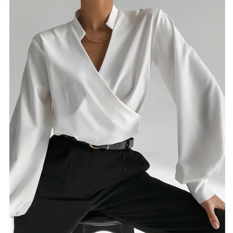 Womens white top satin shirt French highend Vneck bubble sleeve streetwear y ner clothing 240823